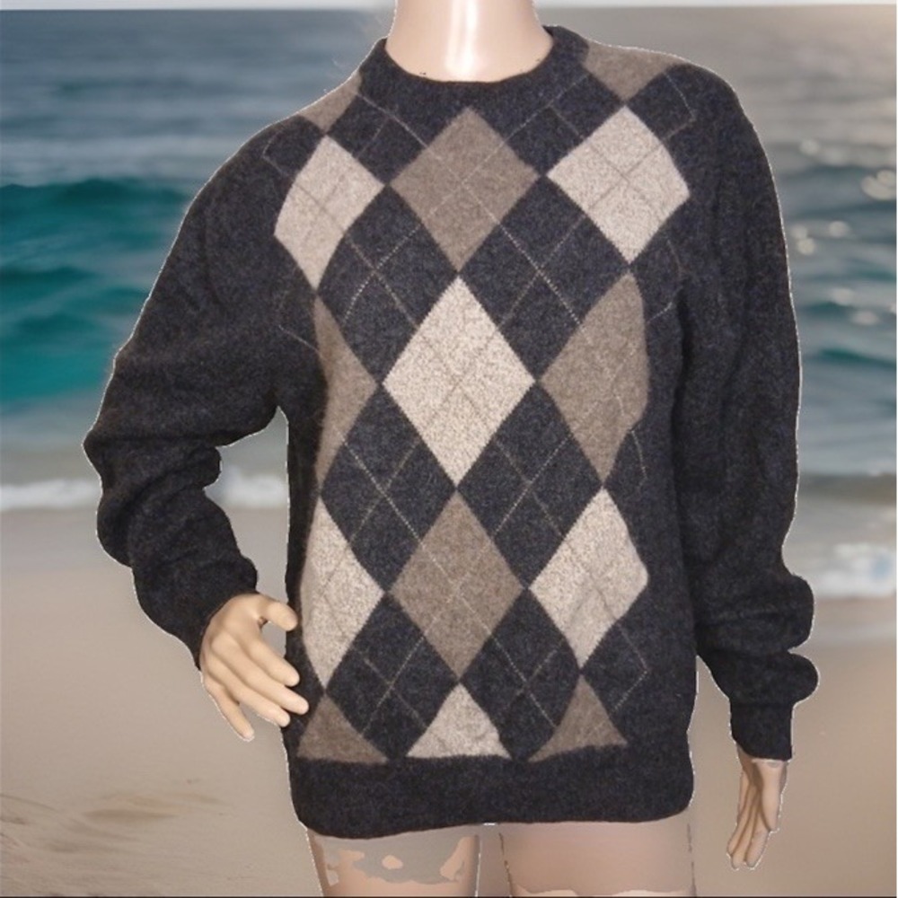 Vtg Davis & Squire grey, cashmere Crewneck Sweater M, S Argyle  Prep Luxury